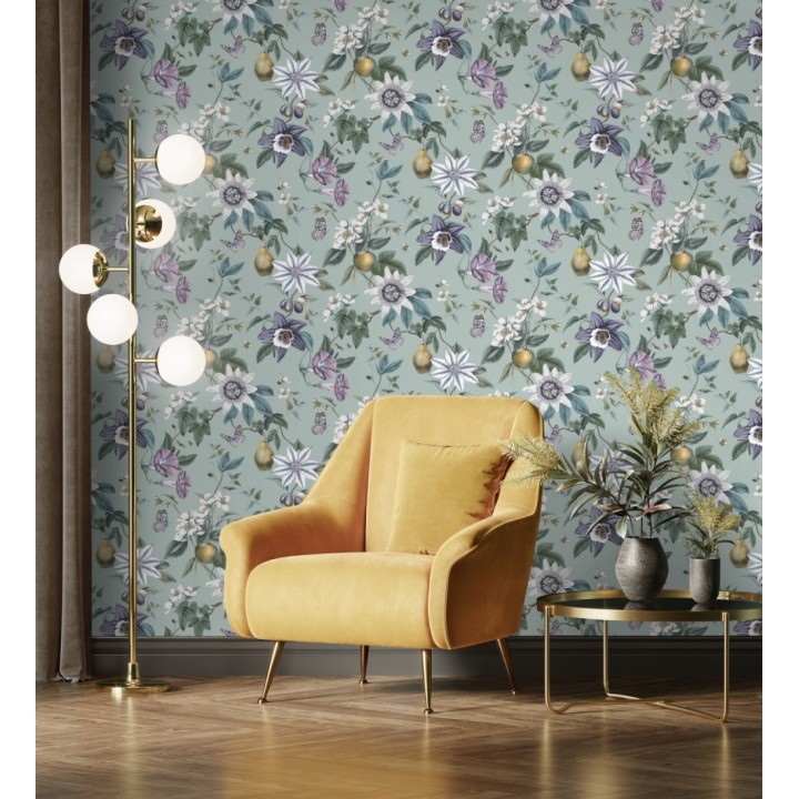 Papel pintado de flores y frutos fondo nácar turquesa - Amber Flowers 681968