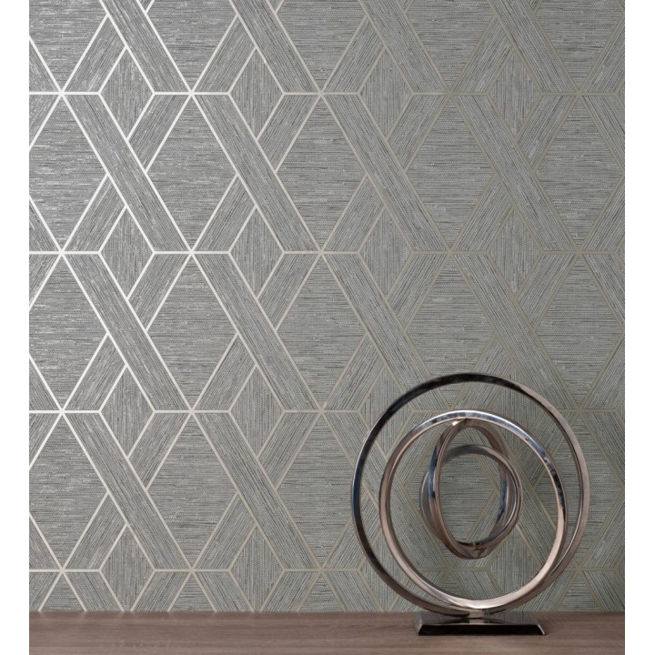 Papel pintado geométrico trenzado de líneas metalizadas imitando al textil - Evolet Braided 681976