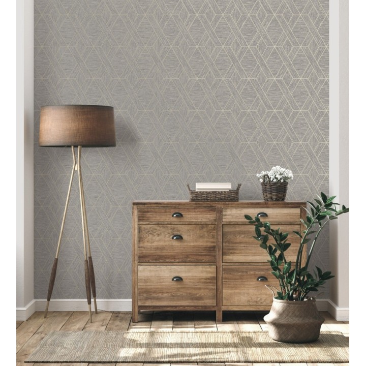 Papel pintado geométrico trenzado de líneas metalizadas imitando al textil - Evolet Braided 681976