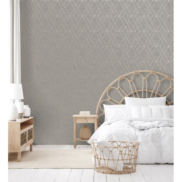 Papel pintado geométrico trenzado de líneas metalizadas imitando al textil - Evolet Braided 681976