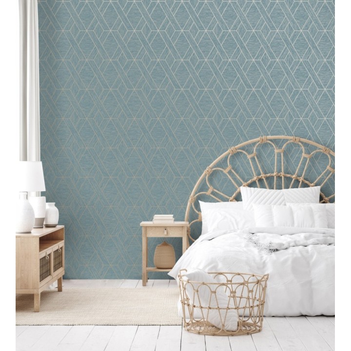 Papel pintado geométrico trenzado de líneas metalizadas imitando al textil - Evolet Braided 681978