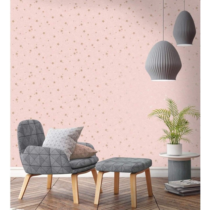 Papel pintado infantil de cielo rosa con estrellas doradas - Itzel 681984