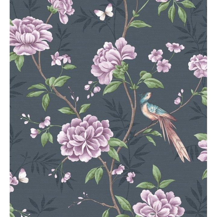 Papel pintado de pájaros y flores fondo texturizado efecto fibra vegetal azul - Nora Garden 681987