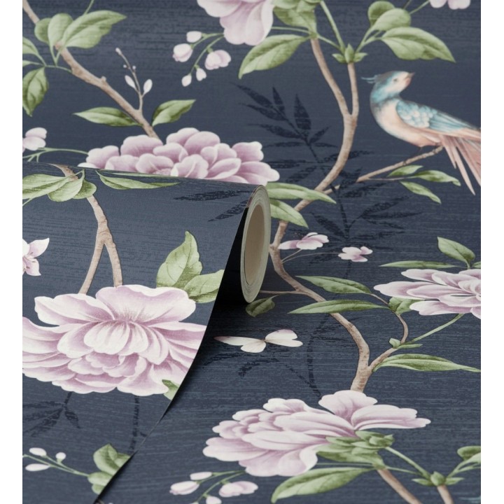 Papel pintado de pájaros y flores fondo texturizado efecto fibra vegetal azul - Nora Garden 681987