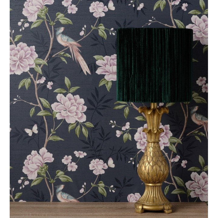 Papel pintado de pájaros y flores fondo texturizado efecto fibra vegetal azul - Nora Garden 681987