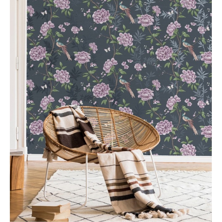 Papel pintado de pájaros y flores fondo texturizado efecto fibra vegetal azul - Nora Garden 681987