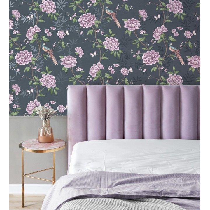 Papel pintado de pájaros y flores fondo texturizado efecto fibra vegetal azul - Nora Garden 681987