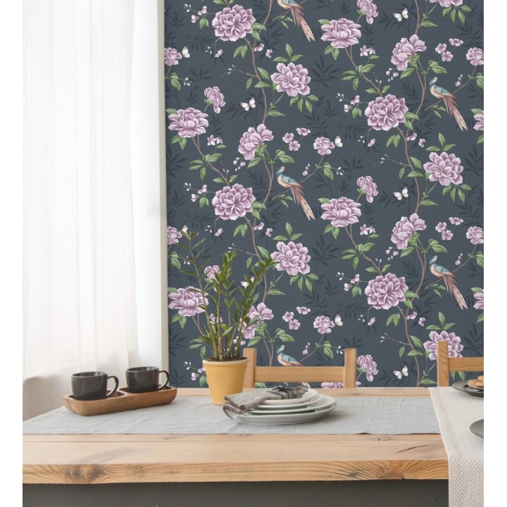 Papel pintado de pájaros y flores fondo texturizado efecto fibra vegetal azul - Nora Garden 681987