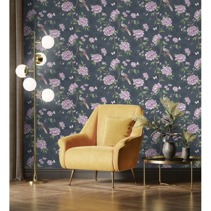 Papel pintado de pájaros y flores fondo texturizado efecto fibra vegetal azul - Nora Garden 681987