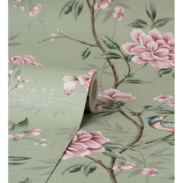 Papel pintado de pájaros y flores fondo texturizado efecto fibra vegetal verde - Nora Garden 681988