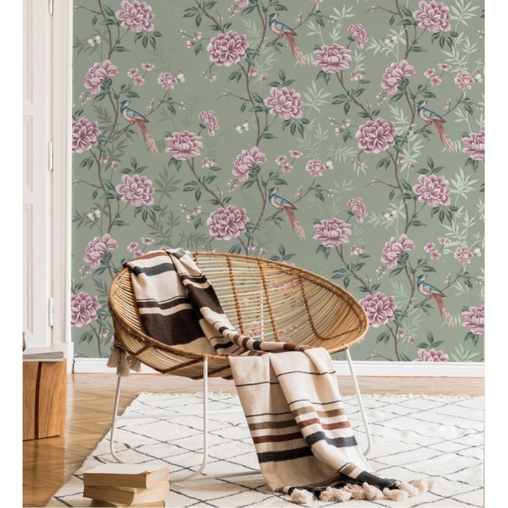 Papel pintado de pájaros y flores fondo texturizado efecto fibra vegetal verde - Nora Garden 681988