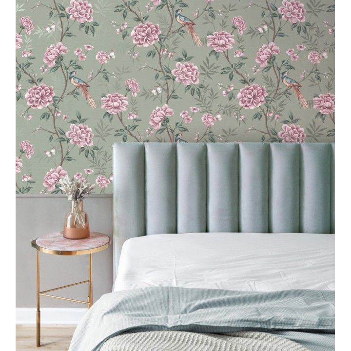 Papel pintado de pájaros y flores fondo texturizado efecto fibra vegetal verde - Nora Garden 681988