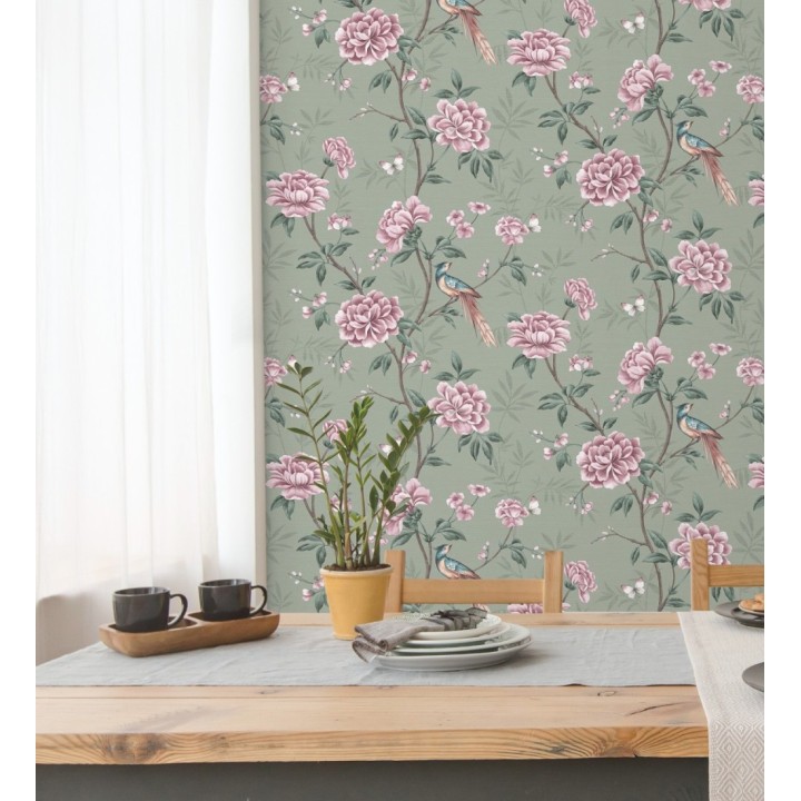 Papel pintado de pájaros y flores fondo texturizado efecto fibra vegetal verde - Nora Garden 681988