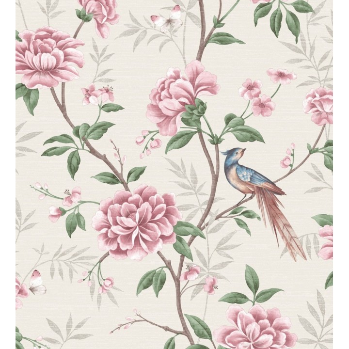 Papel pintado de pájaros y flores fondo texturizado efecto fibra vegetal beige - Nora Garden 681989