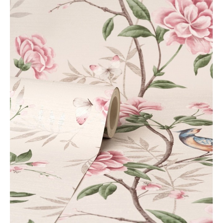 Papel pintado de pájaros y flores fondo texturizado efecto fibra vegetal beige - Nora Garden 681989