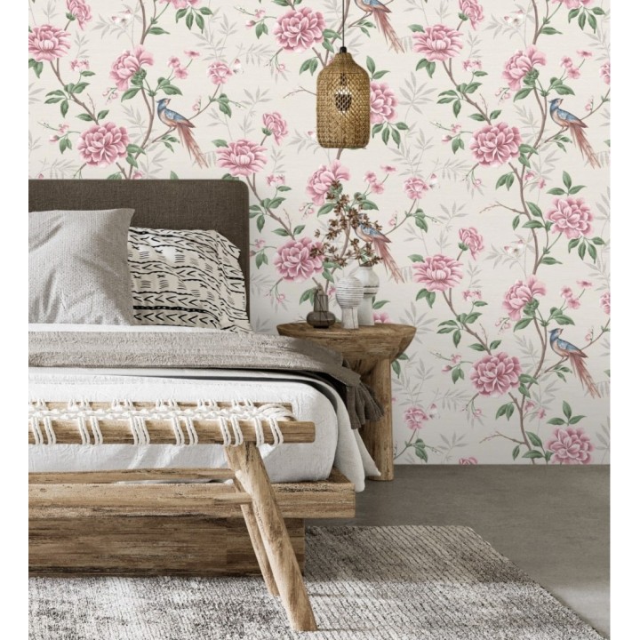 Papel pintado de pájaros y flores fondo texturizado efecto fibra vegetal beige - Nora Garden 681989