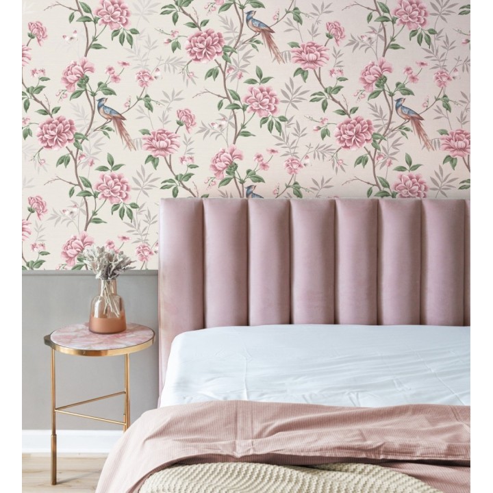 Papel pintado de pájaros y flores fondo texturizado efecto fibra vegetal beige - Nora Garden 681989