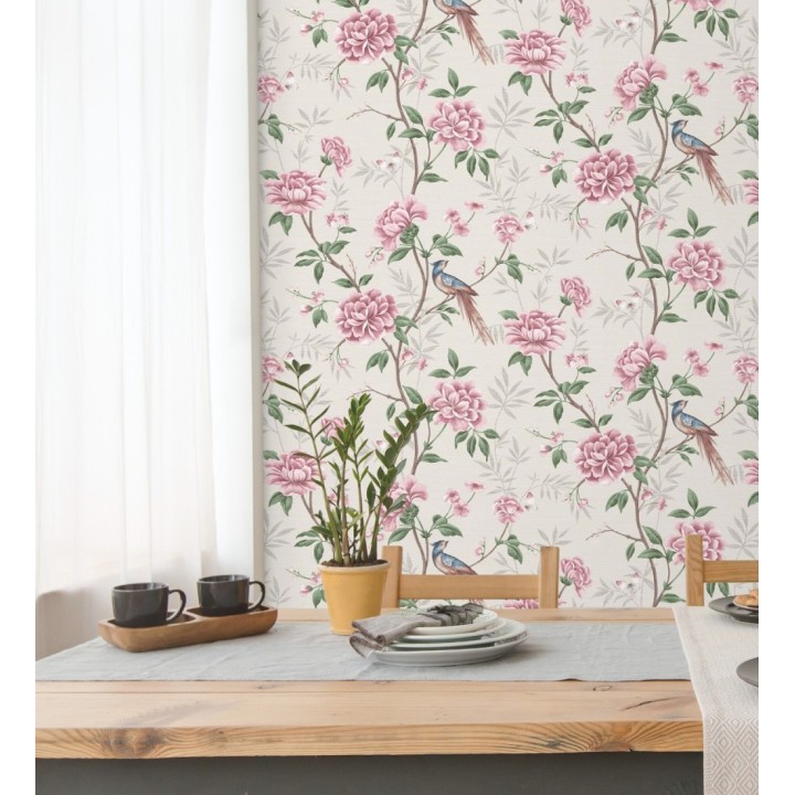 Papel pintado de pájaros y flores fondo texturizado efecto fibra vegetal beige - Nora Garden 681989