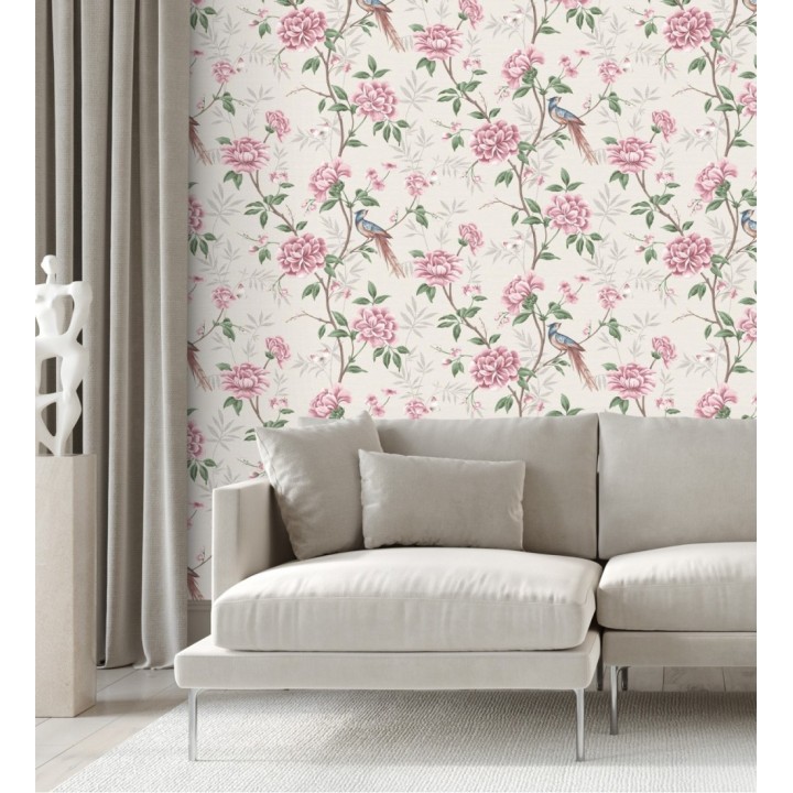 Papel pintado de pájaros y flores fondo texturizado efecto fibra vegetal beige - Nora Garden 681989