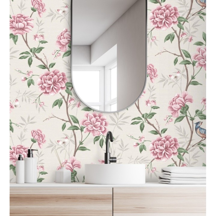 Papel pintado de pájaros y flores fondo texturizado efecto fibra vegetal beige - Nora Garden 681989