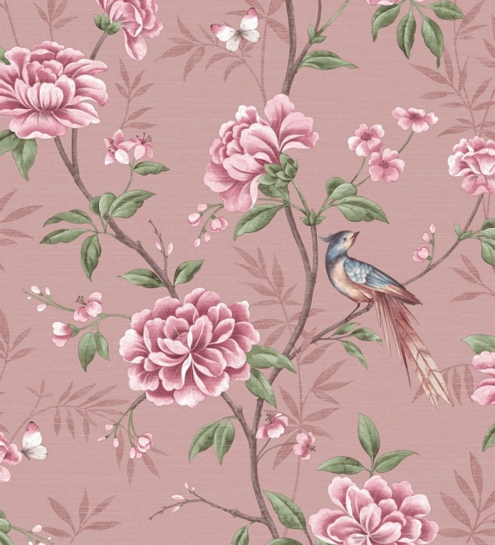 Papel pintado de pájaros y flores fondo texturizado efecto fibra vegetal rosa - Nora Garden 681990