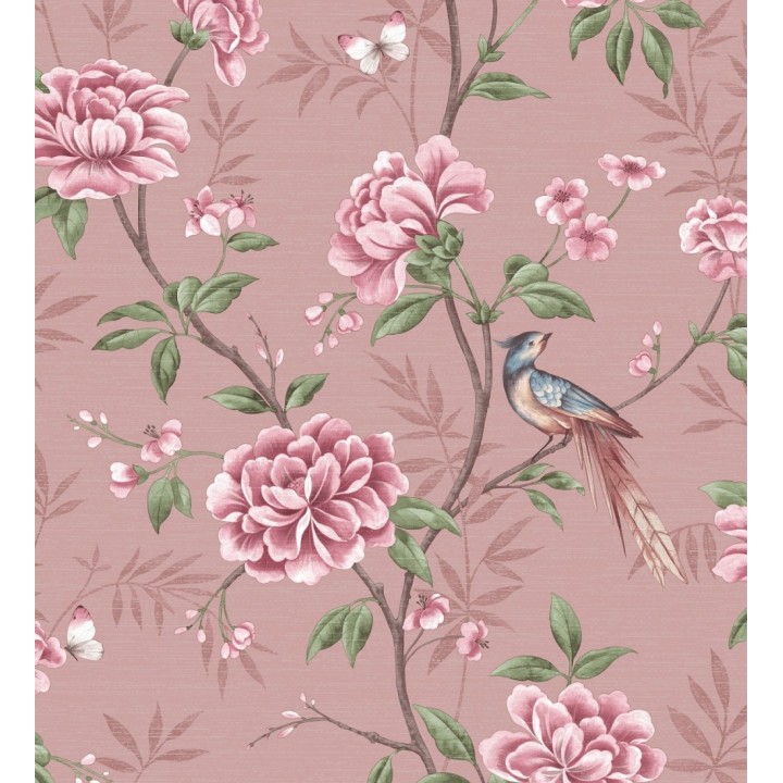 Papel pintado de pájaros y flores fondo texturizado efecto fibra vegetal rosa - Nora Garden 681990