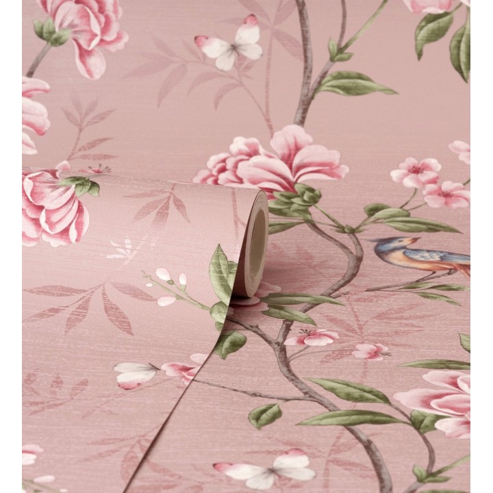 Papel pintado de pájaros y flores fondo texturizado efecto fibra vegetal rosa - Nora Garden 681990