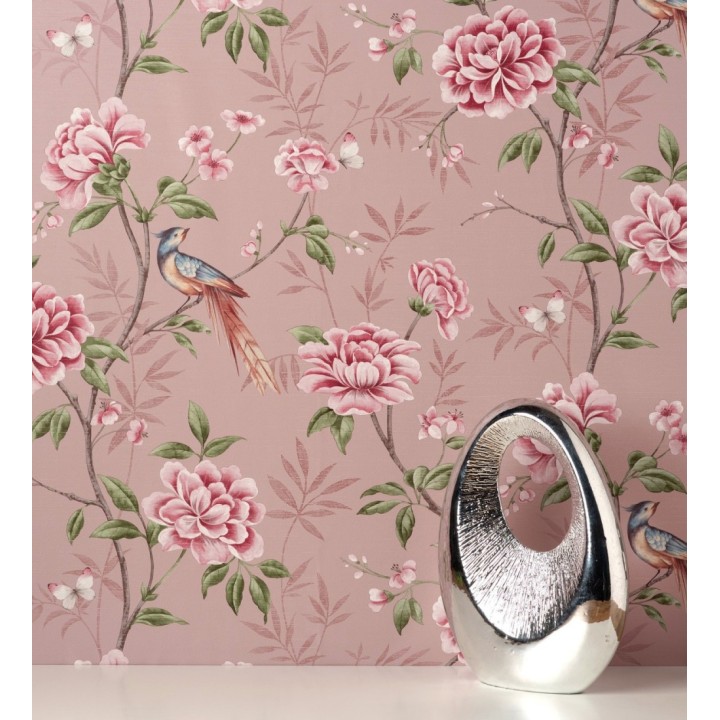 Papel pintado de pájaros y flores fondo texturizado efecto fibra vegetal rosa - Nora Garden 681990
