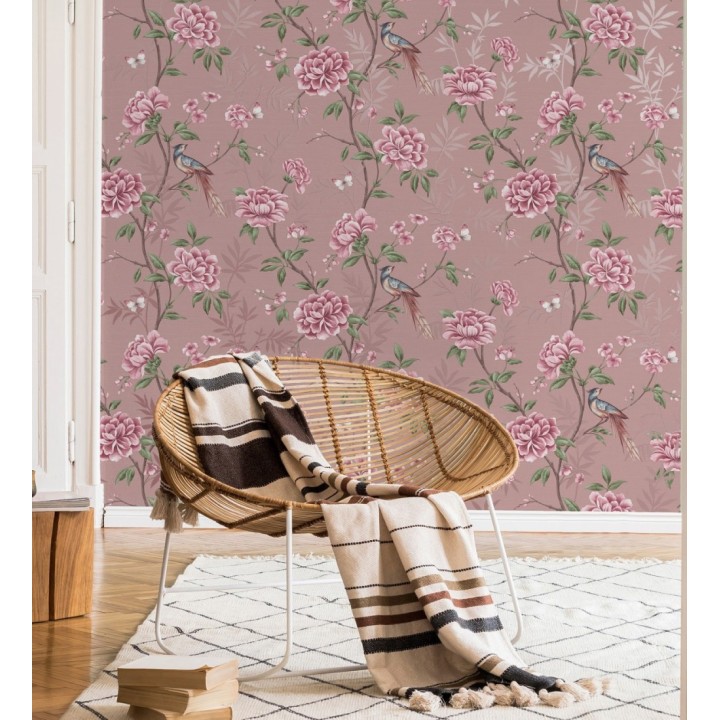 Papel pintado de pájaros y flores fondo texturizado efecto fibra vegetal rosa - Nora Garden 681990