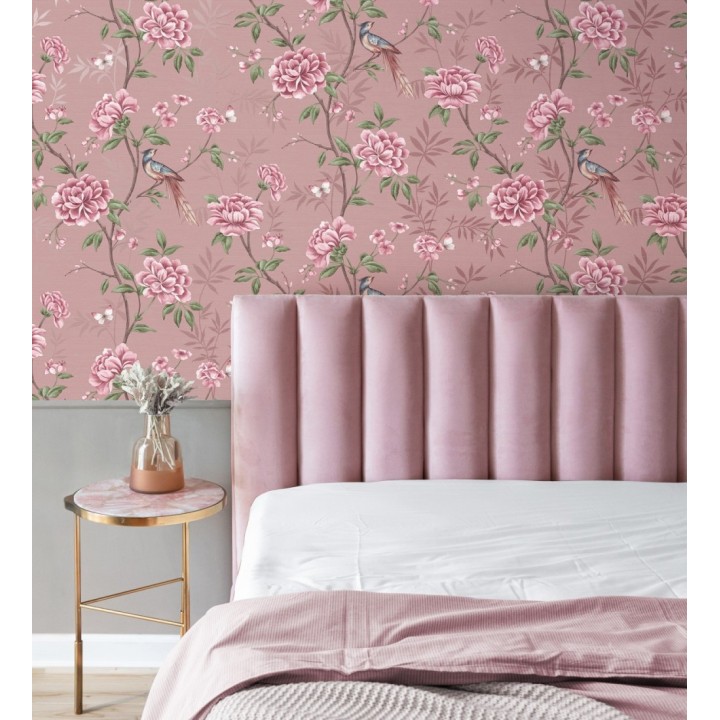 Papel pintado de pájaros y flores fondo texturizado efecto fibra vegetal rosa - Nora Garden 681990