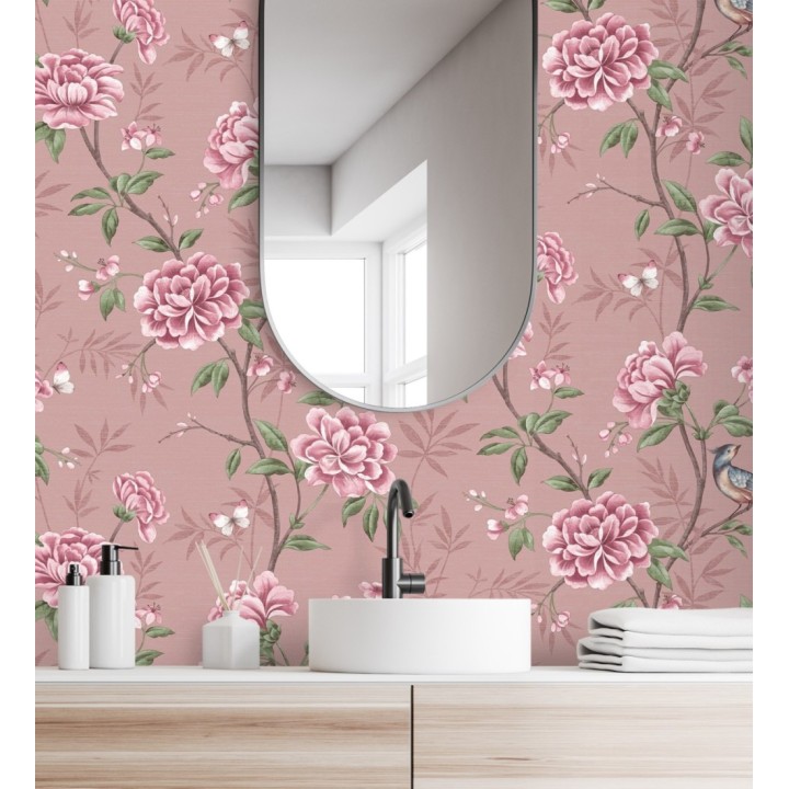Papel pintado de pájaros y flores fondo texturizado efecto fibra vegetal rosa - Nora Garden 681990