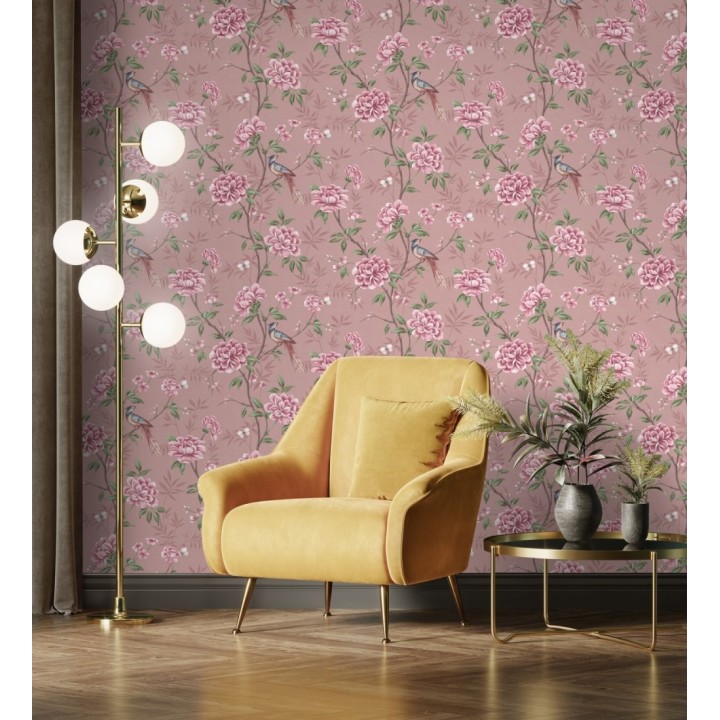 Papel pintado de pájaros y flores fondo texturizado efecto fibra vegetal rosa - Nora Garden 681990