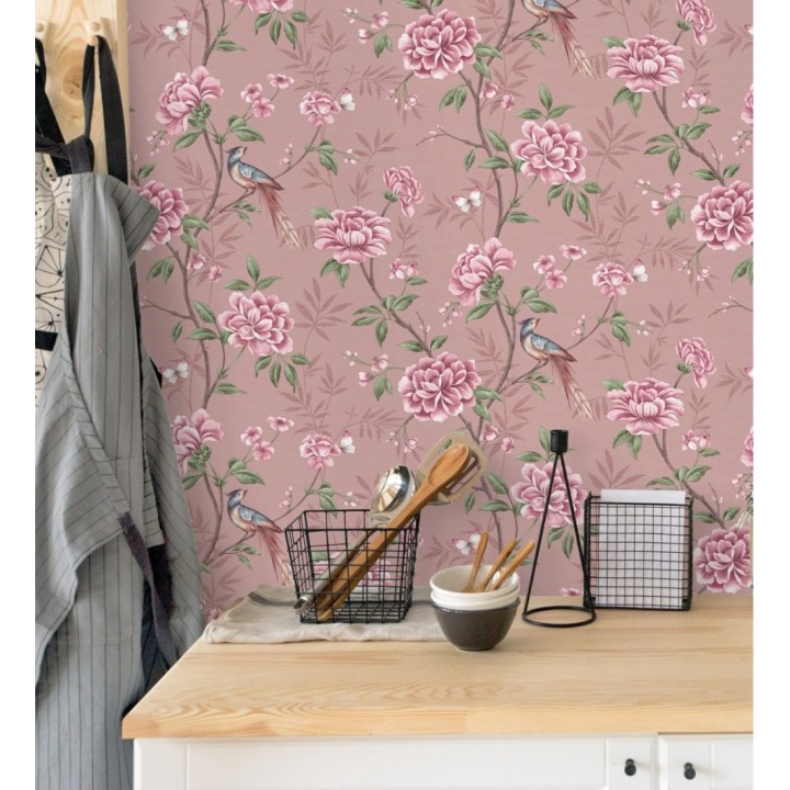 Papel pintado de pájaros y flores fondo texturizado efecto fibra vegetal rosa - Nora Garden 681990