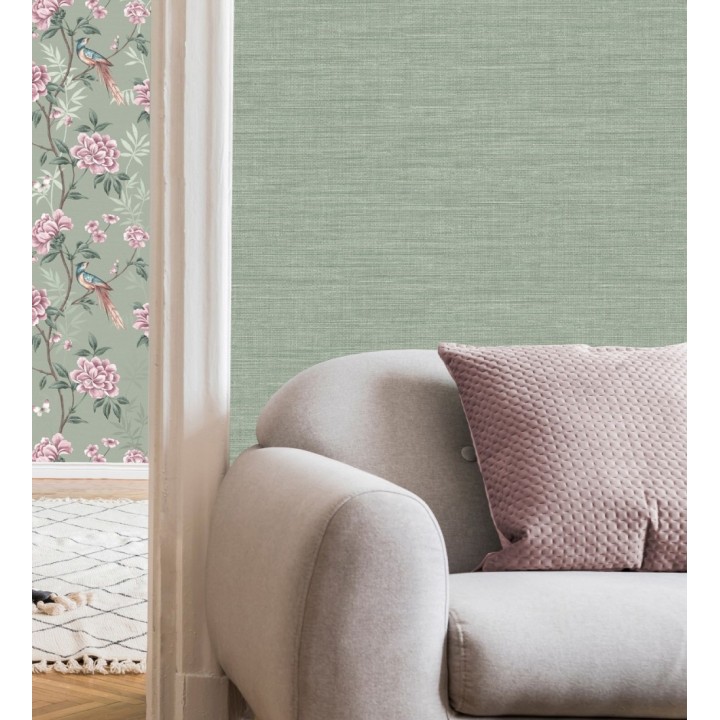 Papel pintado liso de fibras vegetales en tonos verdes efecto nacarado - Nora Texture 681992