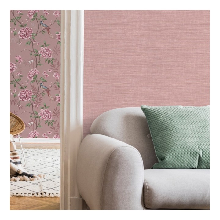 Papel pintado liso de fibras vegetales en tonos rosa efecto nacarado - Nora Texture 681994