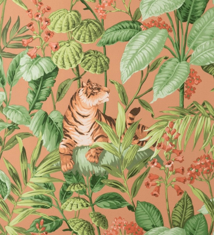 Papel pintado de tigres y hojas tropicales texturizado color canela - Machli 681995