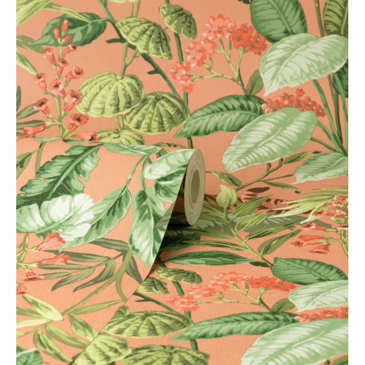 Papel pintado de tigres y hojas tropicales texturizado color canela - Machli 681995