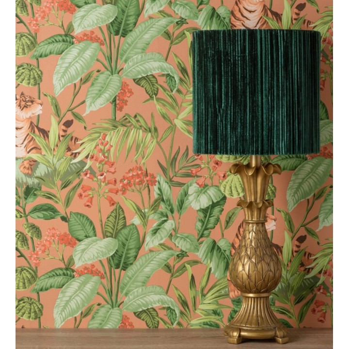 Papel pintado de tigres y hojas tropicales texturizado color canela - Machli 681995