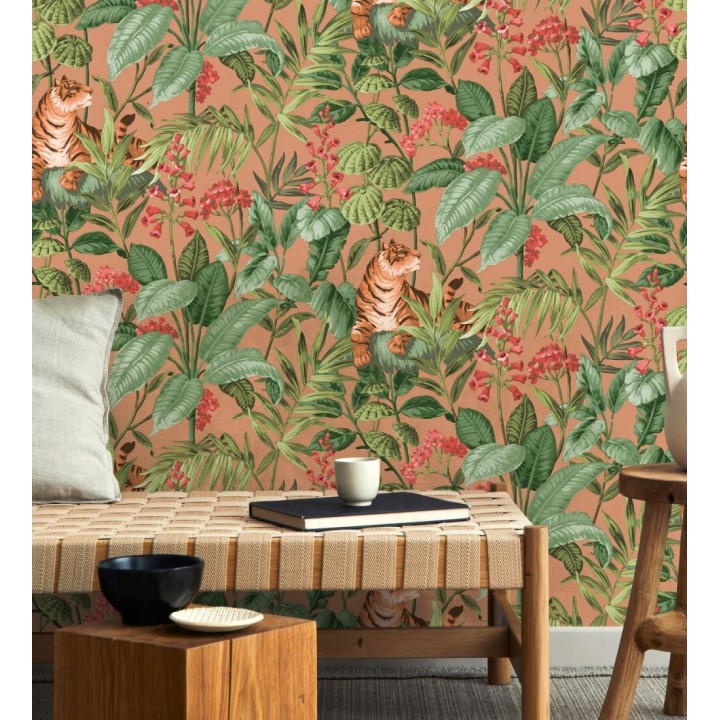 Papel pintado de tigres y hojas tropicales texturizado color canela - Machli 681995