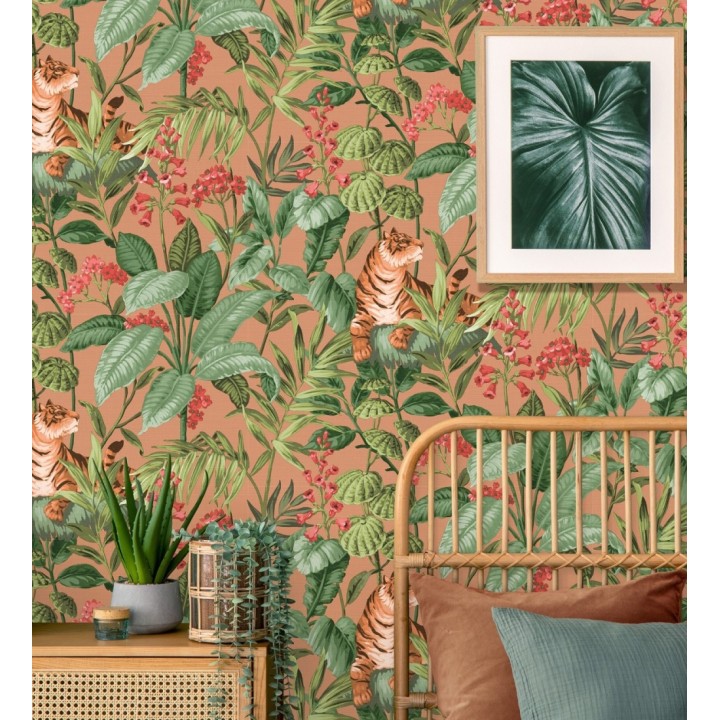 Papel pintado de tigres y hojas tropicales texturizado color canela - Machli 681995