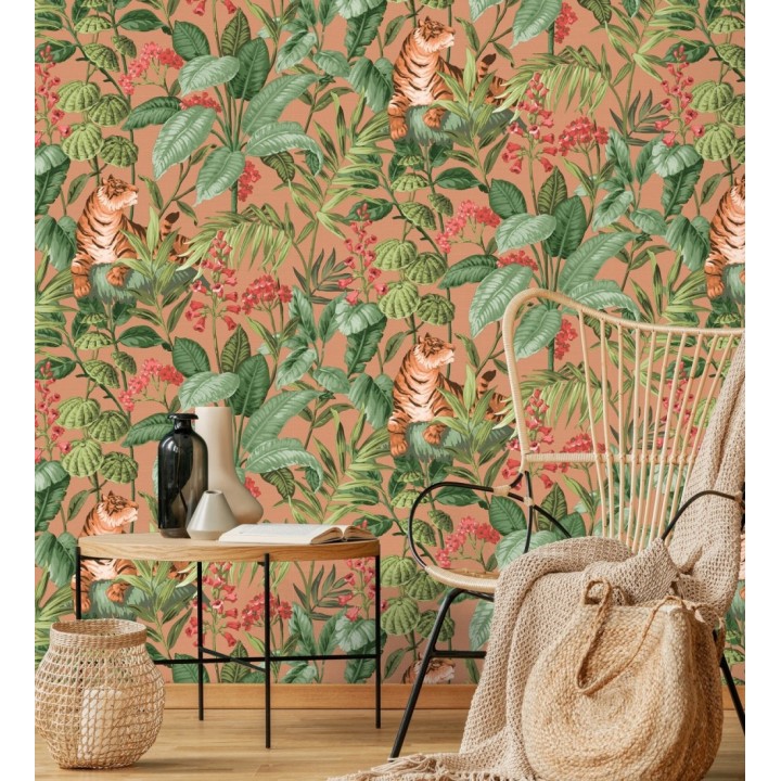Papel pintado de tigres y hojas tropicales texturizado color canela - Machli 681995