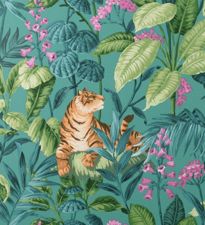 Papel pintado de tigres y hojas tropicales texturizado color turquesa - Machli 681996