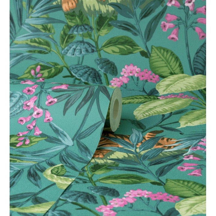 Papel pintado de tigres y hojas tropicales texturizado color turquesa - Machli 681996
