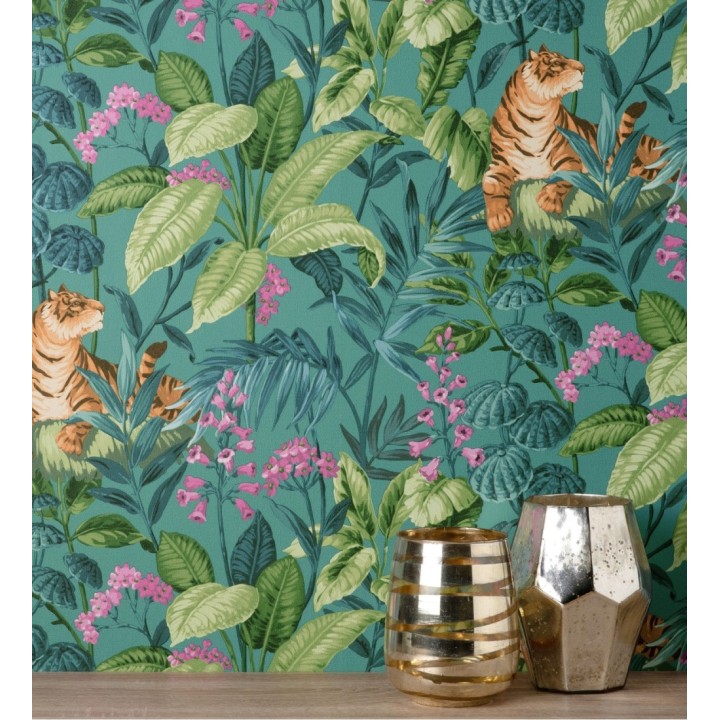 Papel pintado de tigres y hojas tropicales texturizado color turquesa - Machli 681996