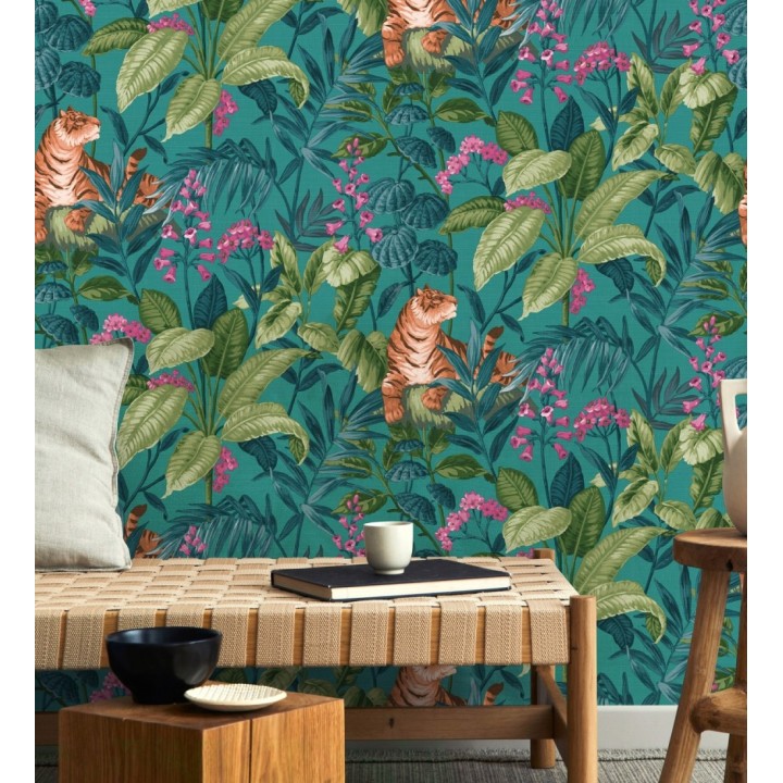 Papel pintado de tigres y hojas tropicales texturizado color turquesa - Machli 681996