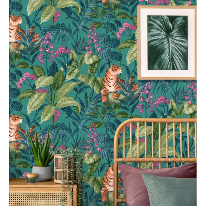 Papel pintado de tigres y hojas tropicales texturizado color turquesa - Machli 681996