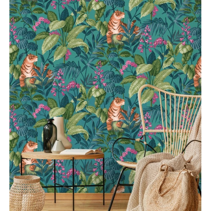 Papel pintado de tigres y hojas tropicales texturizado color turquesa - Machli 681996