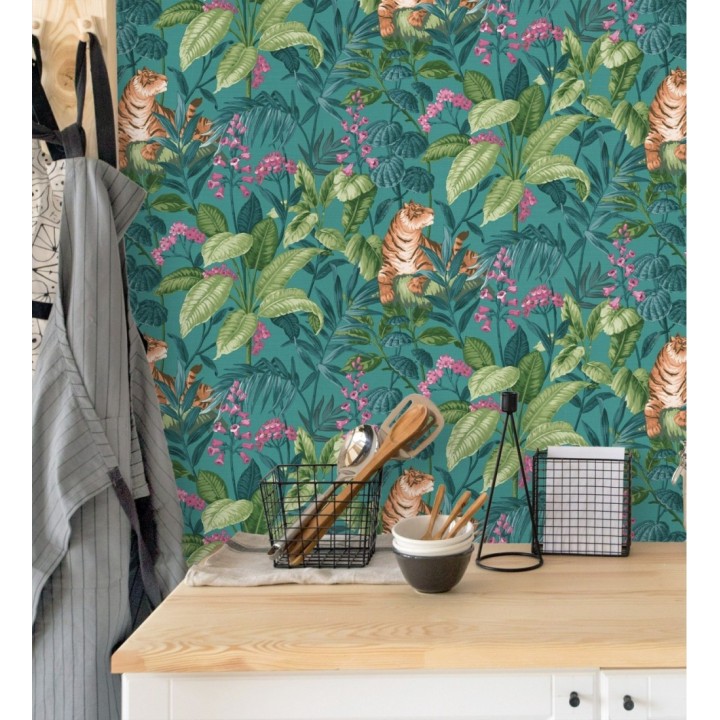 Papel pintado de tigres y hojas tropicales texturizado color turquesa - Machli 681996