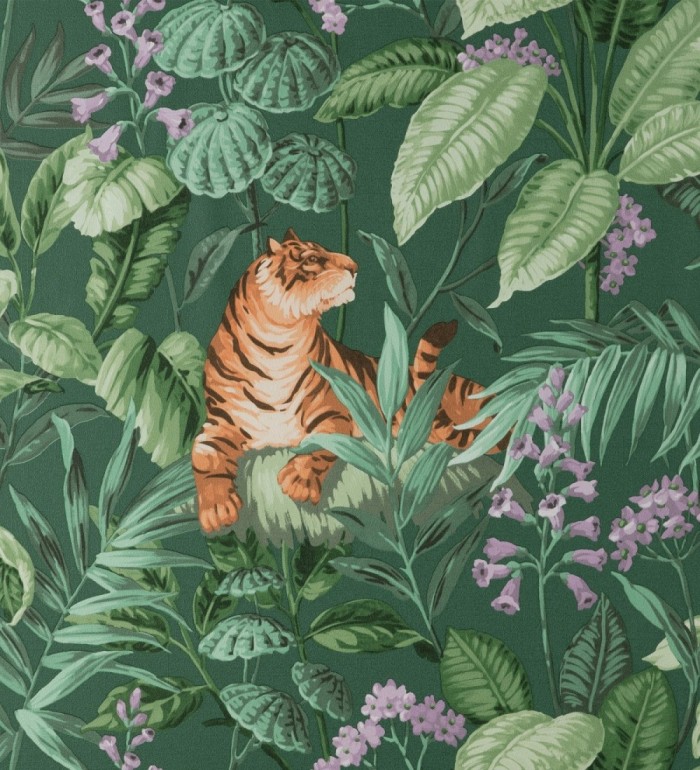 Papel pintado de tigres y hojas tropicales texturizado color verde - Machli 681997