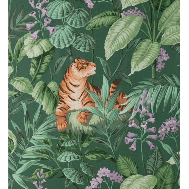 Papel pintado de tigres y hojas tropicales texturizado color verde - Machli 681997
